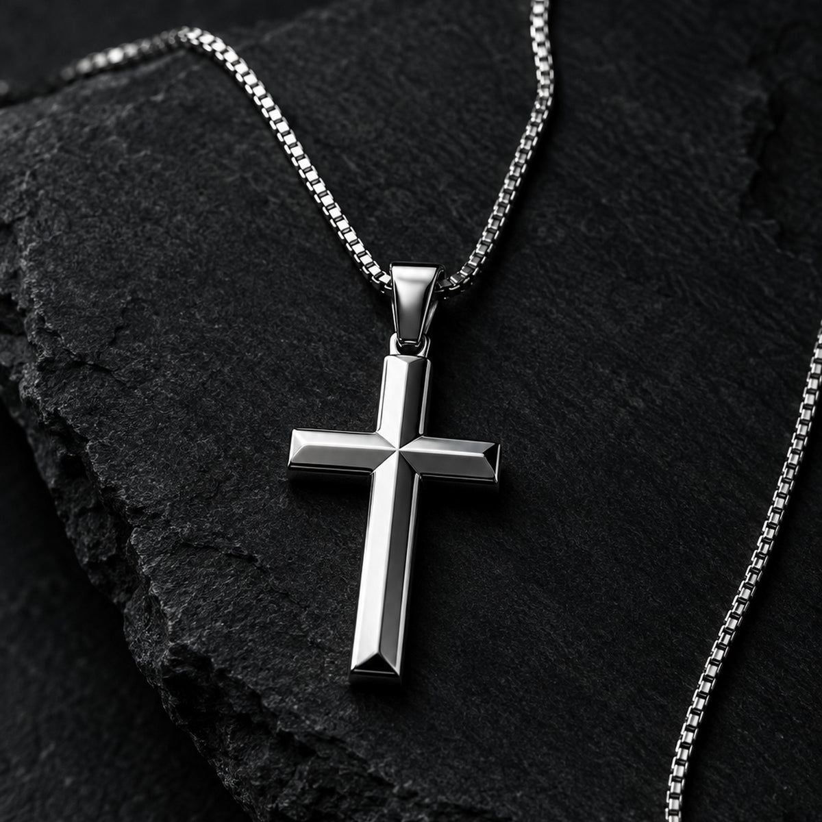 Polished stainless steel cross pendant on box chain
