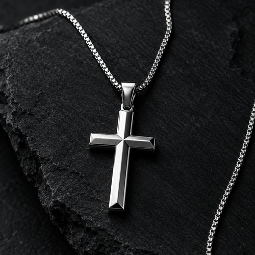 Polished stainless steel cross pendant on box chain