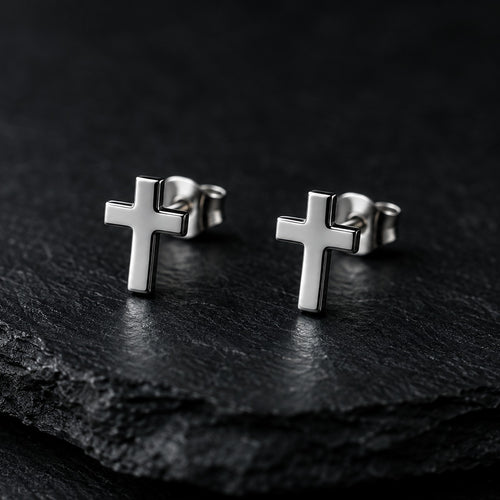Pair of polished stainless steel cross stud earrings