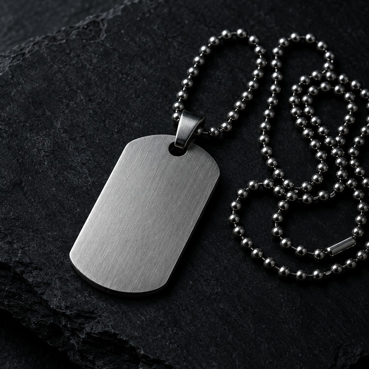 Brushed stainless steel dog tag pendant on ball chain