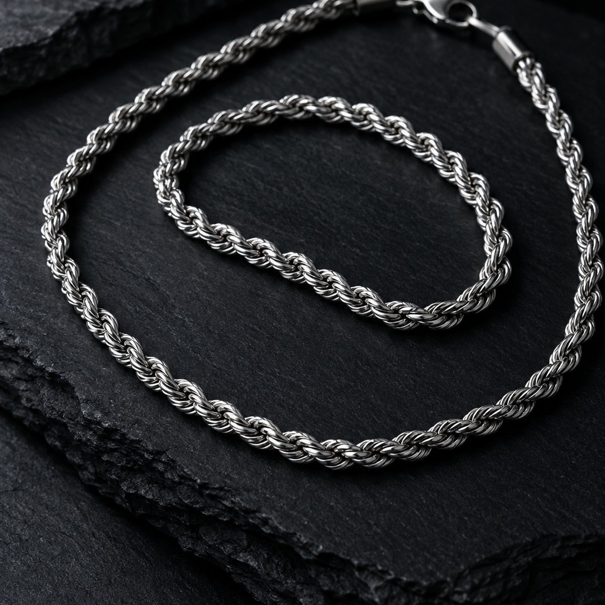 Polished stainless steel rope chain necklace